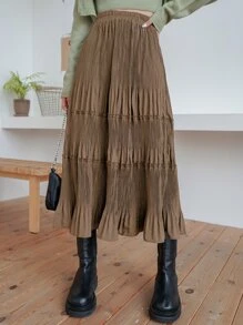 DAZY Chân váy xếp ly cạp cao, gấu váy xếp lớp - Màu nâu  Mocha - Xem 1