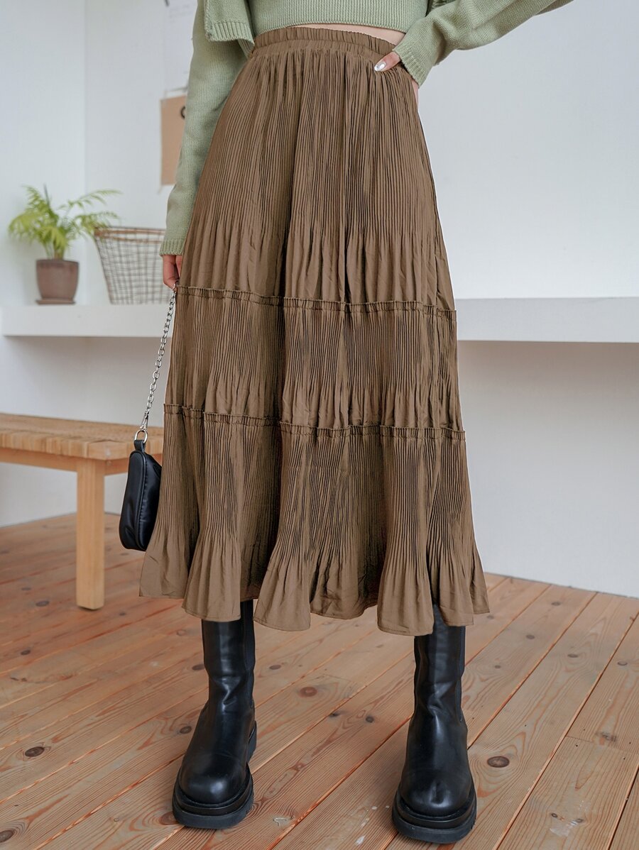 DAZY Chân váy xếp ly cạp cao, gấu váy xếp lớp - Màu nâu  Mocha - Xem 1