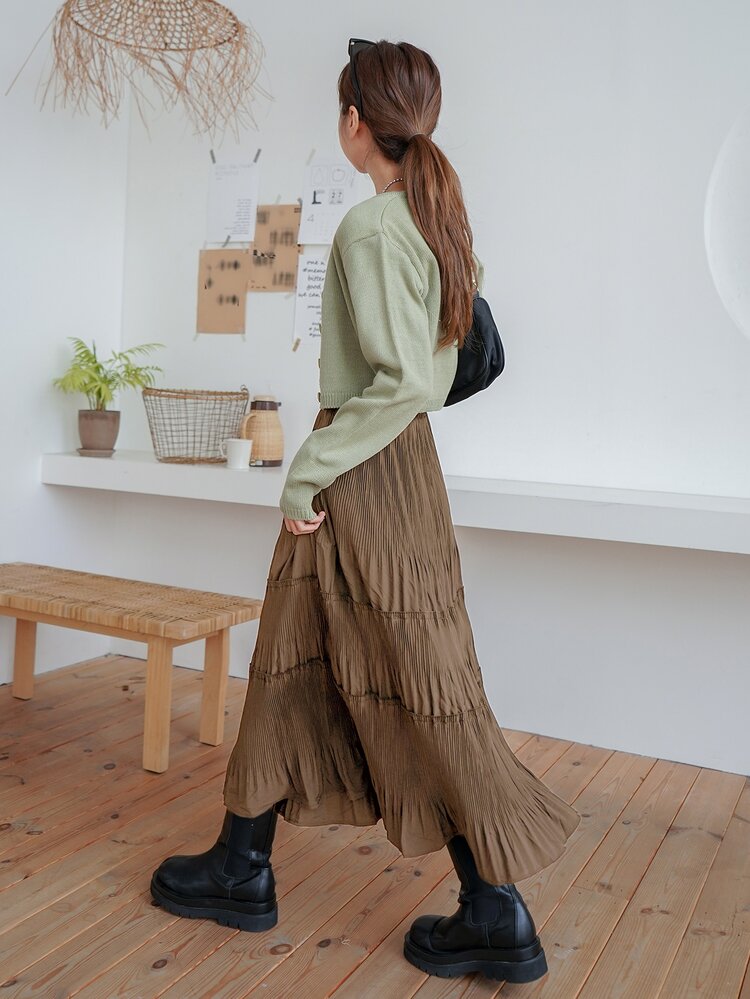 DAZY Chân váy xếp ly cạp cao, gấu váy xếp lớp - Màu nâu  Mocha - Xem 2