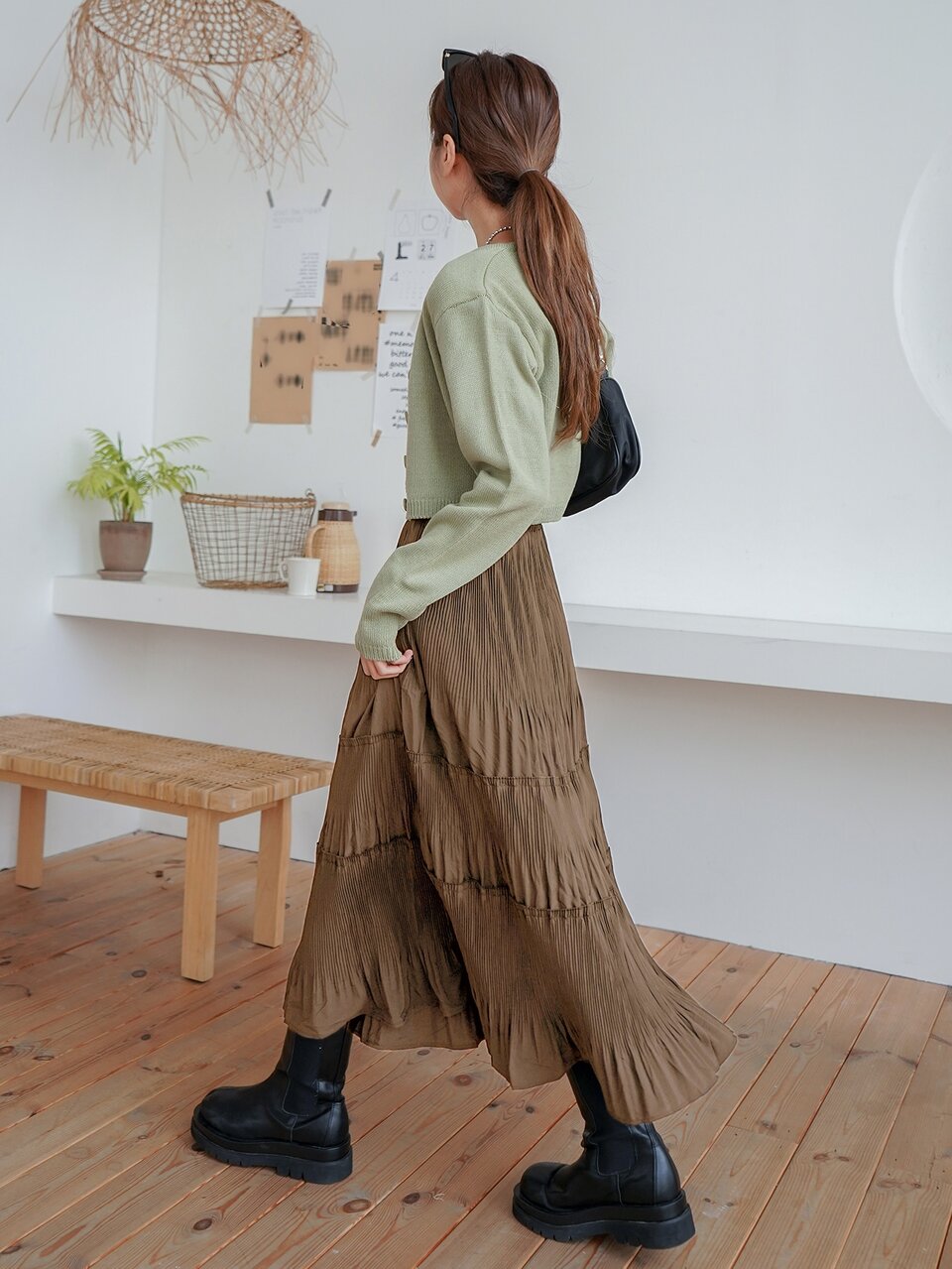 High Waist Plisse Layered Hem Skirt