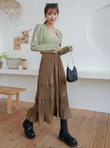 DAZY Chân váy xếp ly cạp cao, gấu váy xếp lớp - Màu nâu  Mocha - Xem 3