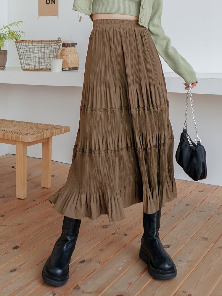 DAZY Chân váy xếp ly cạp cao, gấu váy xếp lớp - Màu nâu  Mocha - Xem 4