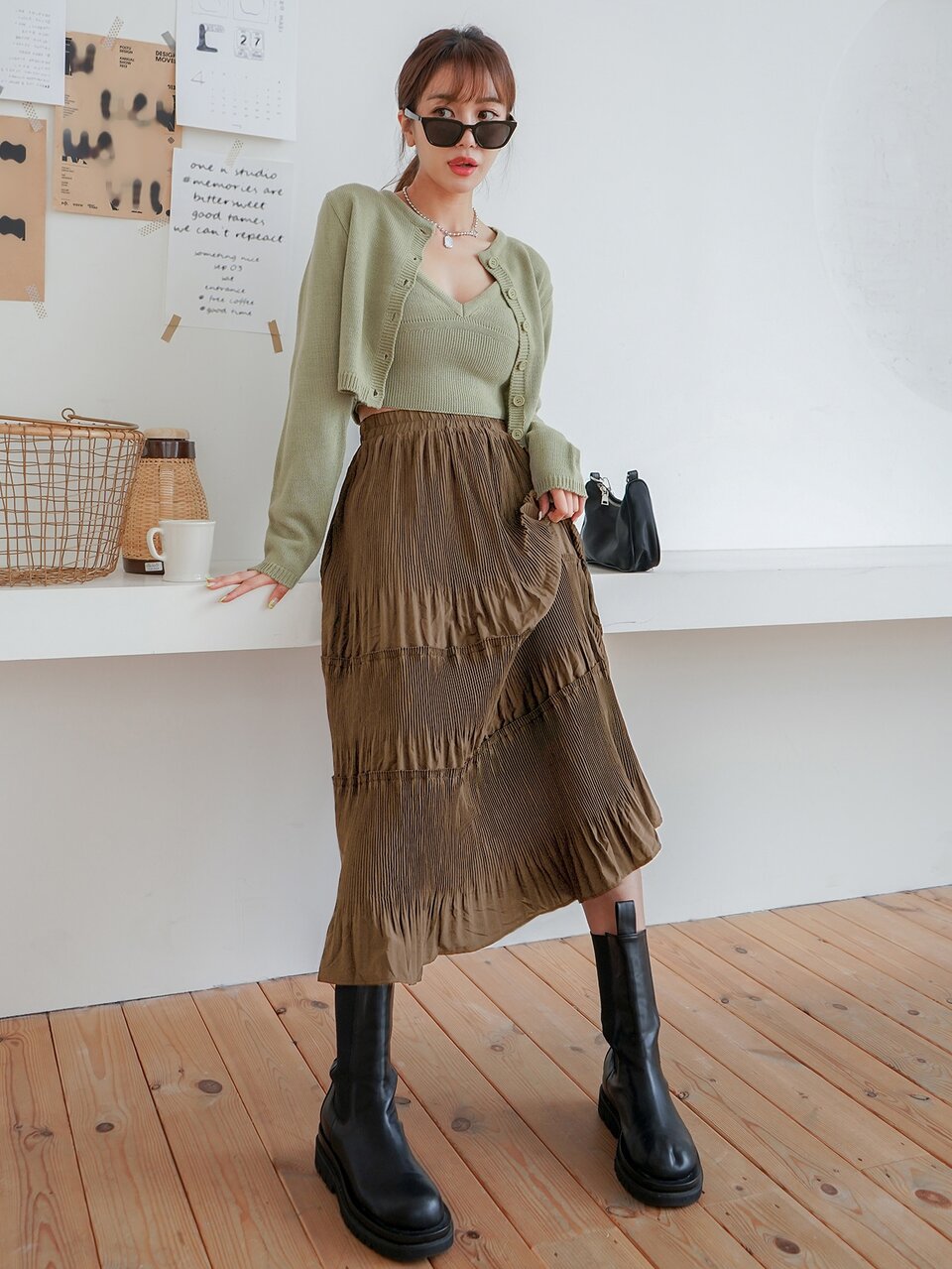 High Waist Plisse Layered Hem Skirt