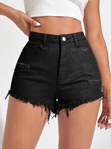 SHEIN EZwear Shorts en mezclilla bajo crudo desgarro - Negro - Ver 1
