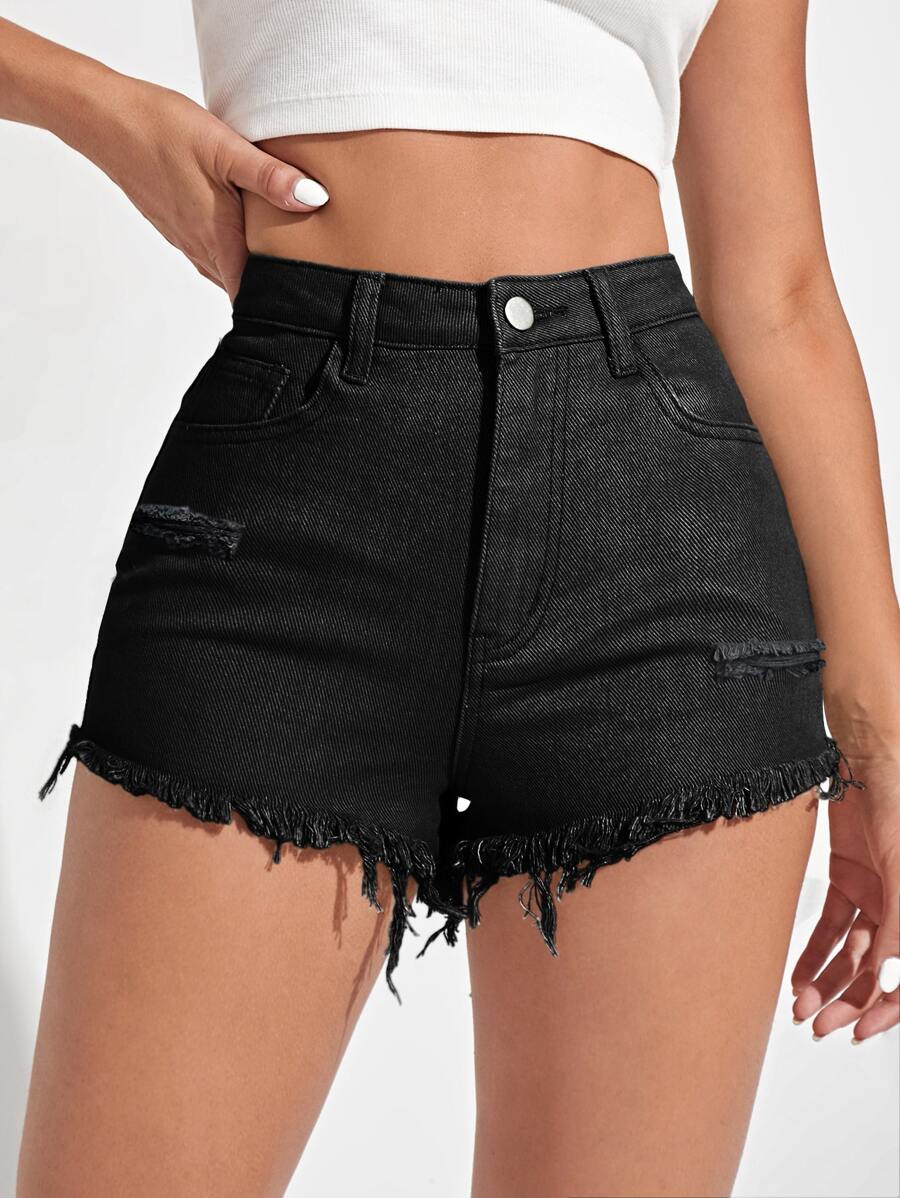 SHEIN EZwear Shorts en mezclilla bajo crudo desgarro - Negro - Ver 1
