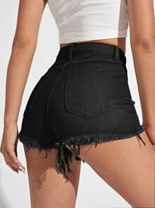 SHEIN EZwear Shorts en mezclilla bajo crudo desgarro - Negro - Ver 2