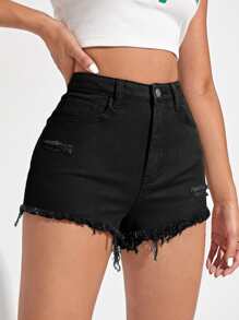 SHEIN EZwear Shorts en mezclilla bajo crudo desgarro - Negro - Ver 3