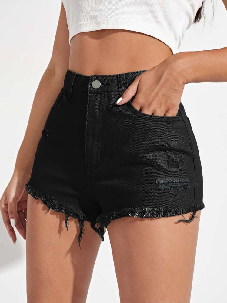 SHEIN EZwear 擦り付け柄ヘム ダメージ デニムショートパンツ - ブラック - 見る 4