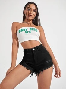 SHEIN EZwear Shorts en mezclilla bajo crudo desgarro - Negro - Ver 5