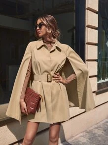 SHEIN Clasi 素色腰帶披肩風衣外套 - 卡其色 - 查看 4