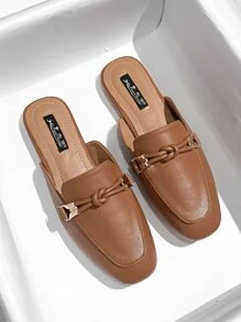 Mengshangli 秋冬季女士无后跟平底拖鞋，时尚休闲户外拖鞋，穆勒鞋 - 棕色 - 查看 2