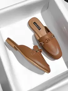 Mengshangli 秋冬季女士无后跟平底拖鞋，时尚休闲户外拖鞋，穆勒鞋 - 棕色 - 查看 3