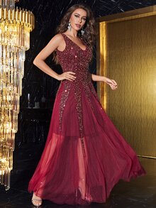 YISIKADO 嵌入網紗亮片超長正式洋裝 - 酒紅色 - 查看 6