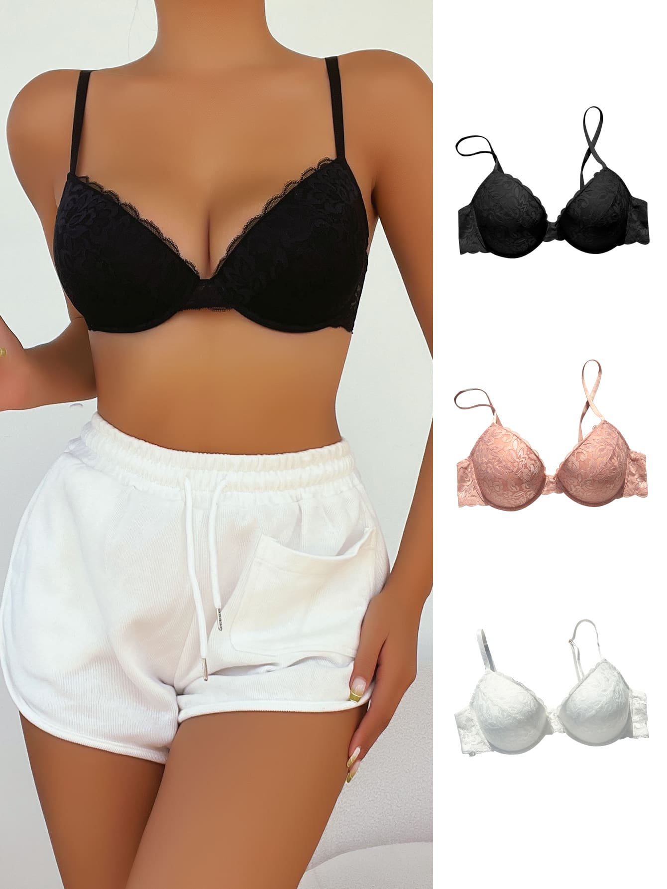 3pack Floral Lace Underwire Bra Set - Multicolor - View 1