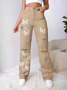 SHEIN EZwear Bleach Wash Ripped Detail Butterfly Jeans - Khaki - View 3