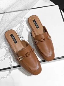 Mengshangli 秋冬季女士无后跟平底拖鞋，时尚休闲户外拖鞋，穆勒鞋 - 棕色 - 查看 4