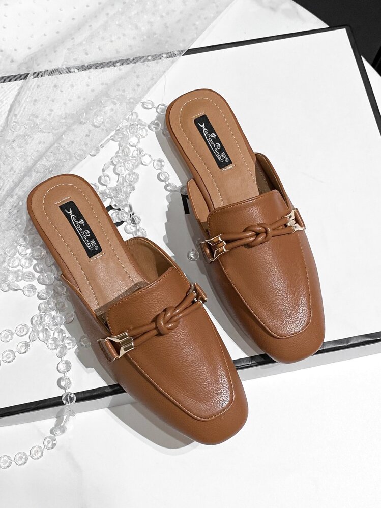 Mengshangli 秋冬季女士无后跟平底拖鞋，时尚休闲户外拖鞋，穆勒鞋 - 棕色 - 查看 3