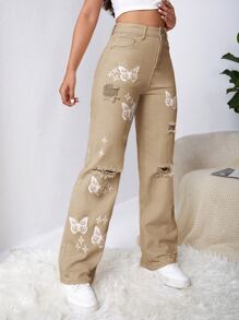 SHEIN EZwear Bleach Wash Ripped Detail Butterfly Jeans - Khaki - View 6