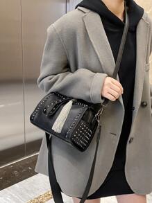 حقيبة يد أنيقة ومتعددة الاستخدامات، تصميم متميز، حقيبة بوسطن ذات لون أحادي مع شراشيب وقبعات معدنية، حقيبة كروس إيلقانت، حقيبة كتف واسعة بسيطة وكاجوال مناسبة للذهاب إلى العمل والخروج والتسوق والمواعدة