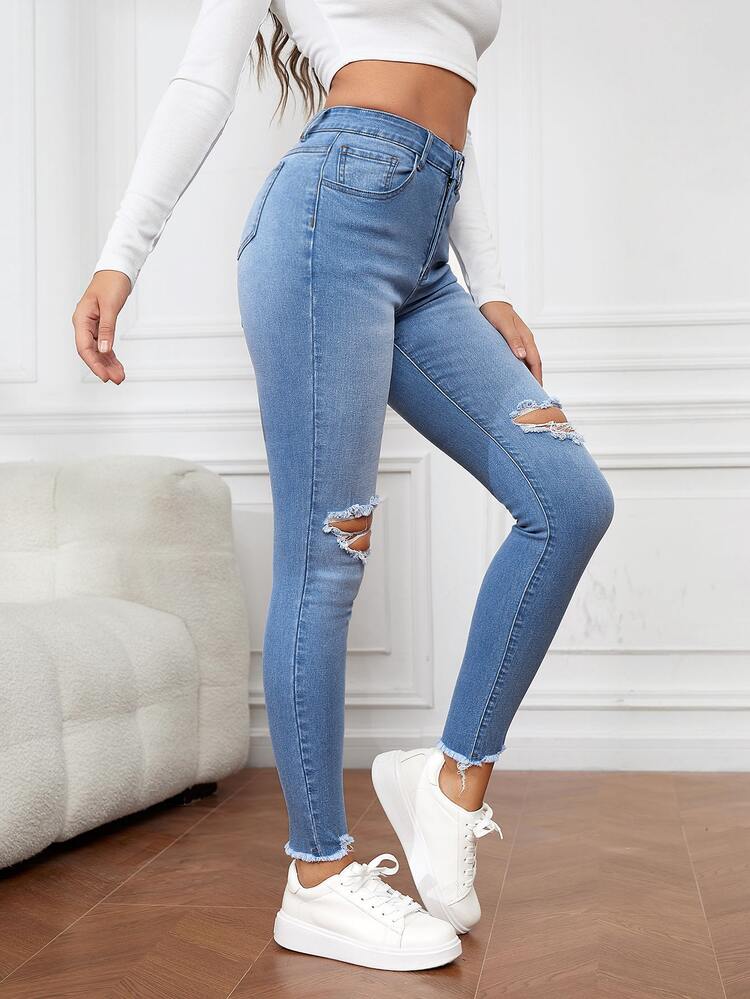 SHEIN Tall Skinny Jeans Slitna Rått Skuren - Ljustvätt - Visa 3
