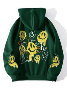 INAWLY 卡通和標語圖案拉鏈開襟加絨內裏抽繩連帽衫