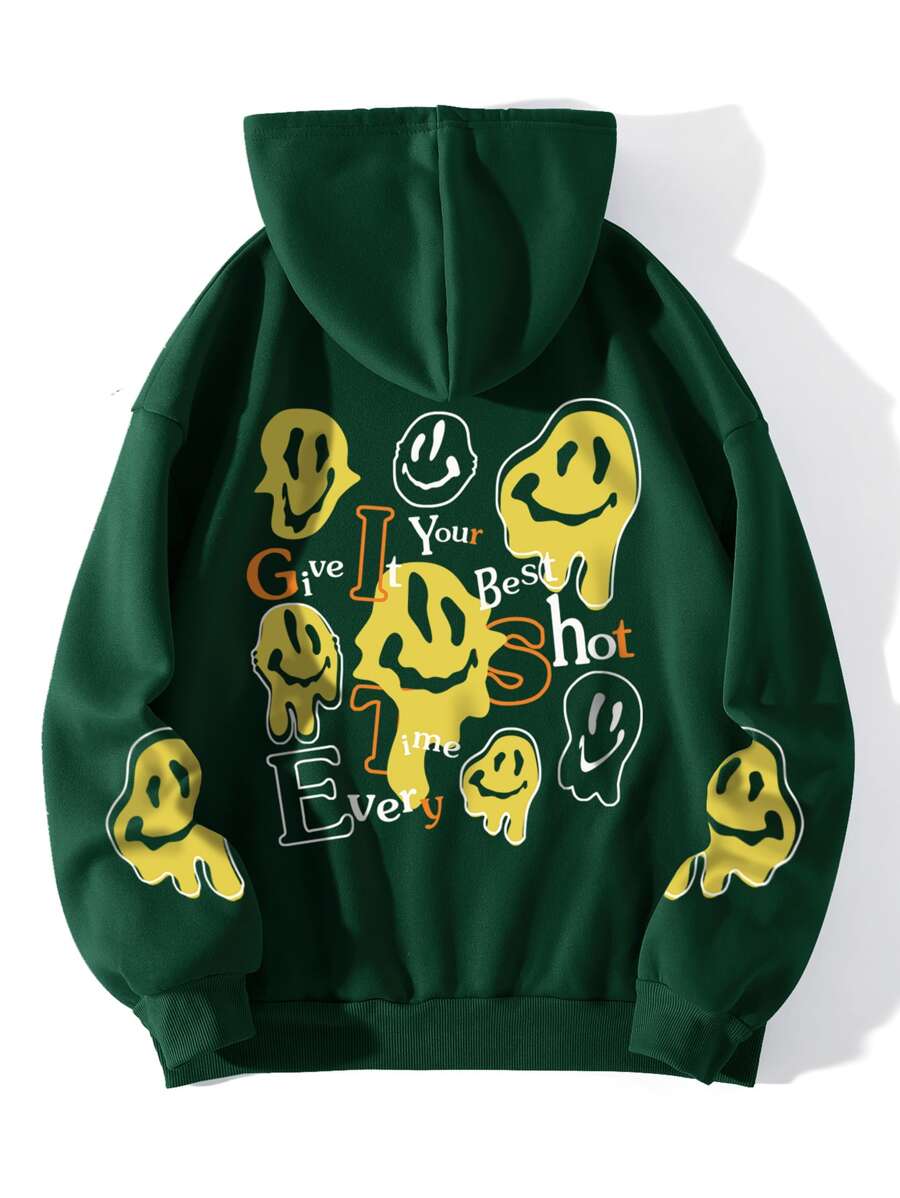 INAWLY 卡通和標語圖案拉鏈開襟加絨內裏抽繩連帽衫