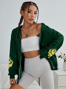 INAWLY 卡通和標語圖案拉鏈開襟加絨內裏抽繩連帽衫