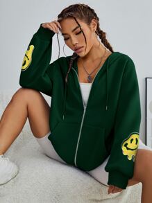 INAWLY 卡通和標語圖案拉鏈開襟加絨內裏抽繩連帽衫