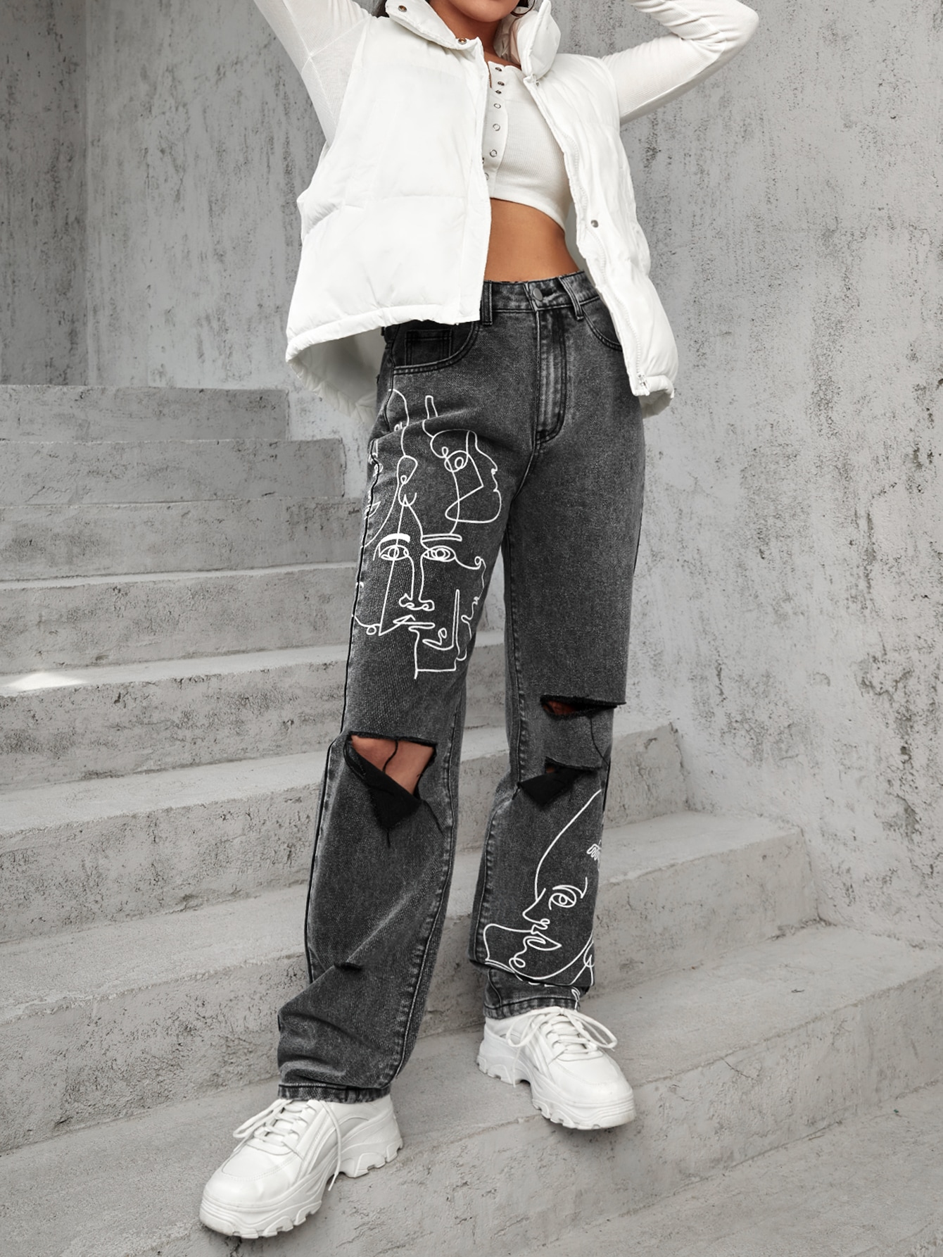 Face Line Art Ripped Jeans SHEIN USA