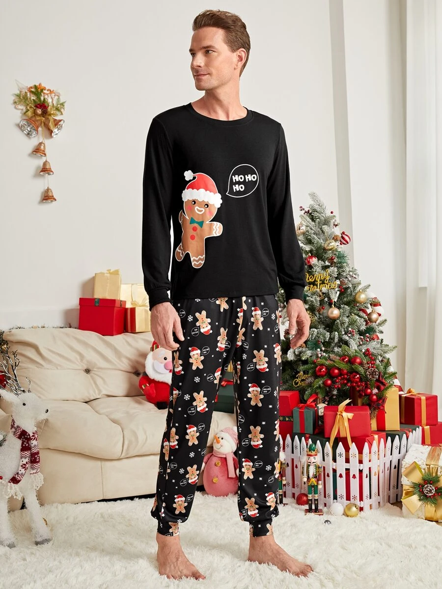 Men 1pc Christmas Print Sleep Tee & 1pc Trousers - Black - View 1