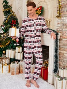 Men 1pc Christmas Print Half Button Sleep Jumpsuit for Christmas - Multicolor - View 1