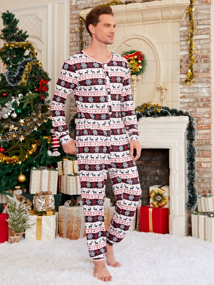 Hombres 1 pieza Mameluco de dormir con estampado de Navidad con botón para Navidad - Multicolor - Añade 3