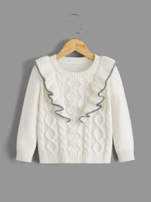 Niñas Jersey ribete con fruncido tejido de cable - Blanco - Ver 1