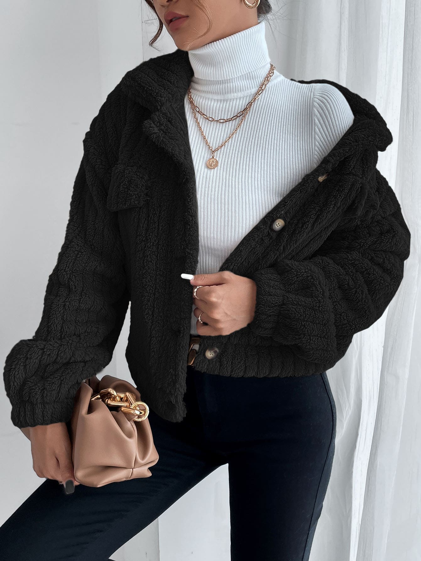 SHEIN Frenchy Drop Shoulder Button Front Flannel Jacket Winter Black