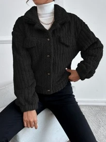 SHEIN Frenchy Drop Shoulder Button Front Flannel Jacket Winter Black