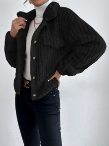 SHEIN Frenchy Drop Shoulder Button Front Flannel Jacket Winter Black