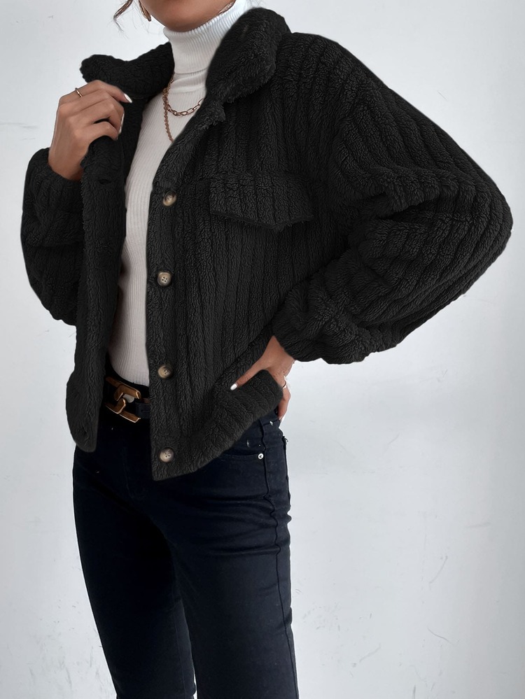 SHEIN Frenchy Drop Shoulder Button Front Flannel Jacket Winter Black Casual - Black - View 4