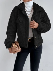 SHEIN Frenchy Drop Shoulder Button Front Flannel Jacket Winter Black