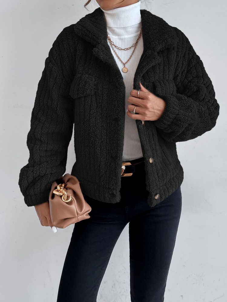 SHEIN Frenchy Drop Shoulder Button Front Flannel Jacket Winter Black Casual - Black - View 5