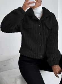 SHEIN Frenchy Drop Shoulder Button Front Flannel Jacket Winter Black