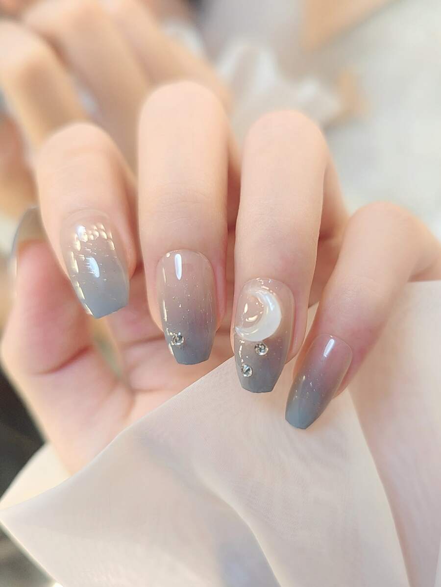 24 miếng dán móng tay hình lưỡi liềm đính đá kiểu Pháp Ombre hình quan tài ngắn kèm 1 dũa móng và 1 miếng gel dán lên móng