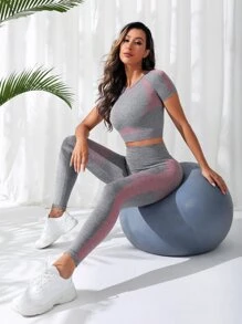 Easithlete 无缝插肩袖收腹运动套装健身女士套装 - 淺灰色 - 查看 3