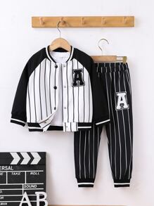 SHEIN Toddler Boys Letter Patched Striped Raglan Sleeve Varsity Jacket & Joggers Without Tee - Black and White - View 1