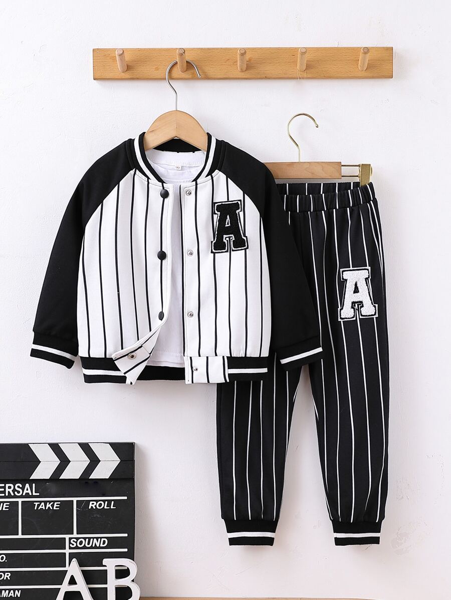 SHEIN Toddler Boys Letter Patched Striped Raglan Sleeve Varsity Jacket & Joggers Without Tee - Black and White - View 1