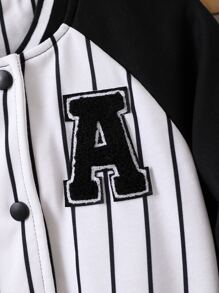 SHEIN Toddler Boys Letter Patched Striped Raglan Sleeve Varsity Jacket & Joggers Without Tee - Black and White - View 3