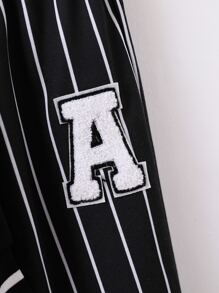 SHEIN Toddler Boys Letter Patched Striped Raglan Sleeve Varsity Jacket & Joggers Without Tee - Black and White - View 5