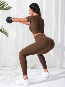 Yoga Basic 2入組無縫縫製的運動瑜伽套裝,v領上衣寬領帶打底褲健身女裝組