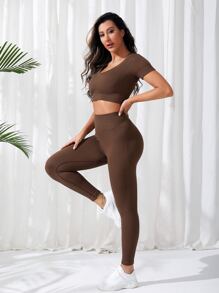 Yoga Basic 2入組無縫縫製的運動瑜伽套裝,v領上衣寬領帶打底褲健身女裝組