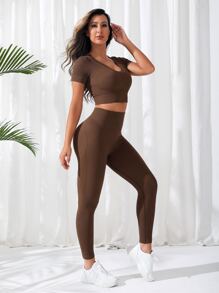 Yoga Basic 2入組無縫縫製的運動瑜伽套裝,v領上衣寬領帶打底褲健身女裝組