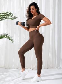 Yoga Basic 2入組無縫縫製的運動瑜伽套裝,v領上衣寬領帶打底褲健身女裝組